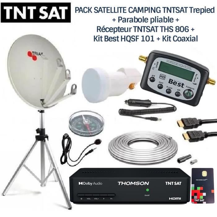 PACK SATELLITE CAMPING TNTSAT Trepied + Parabole pliable + Récepteur TNTSAT THS 806 + Kit Best HQSF 101 + Kit Coaxial