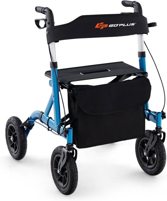 Déambulateur Pliable pour Seniors - GOPLUS - Hauteur Réglable Roue Tout Terrain 24CM Sac de Rangement Charge 160KG Bleu