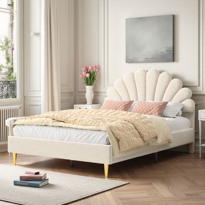 Lit Enfant 140x200 Cm Avec Tête De Lit Velours Béige - Forme Pétale Courbée, Lattes Incluses, Charge 220 Kg - Sans Matelas