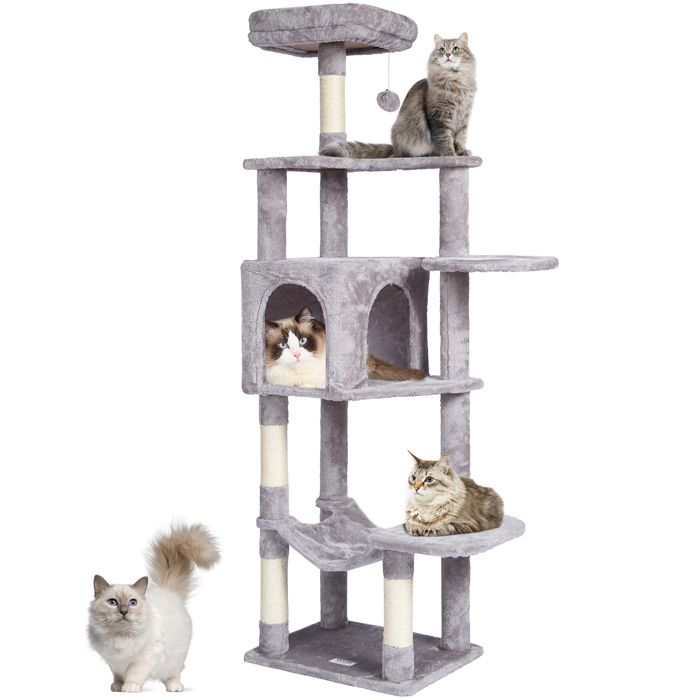 Comparer les prix de Vevor Arbre à chat pour chats d’intérieur, 60,6", griffoir en sisal, hamac, perchoir, plates-formes de saut, gris clair