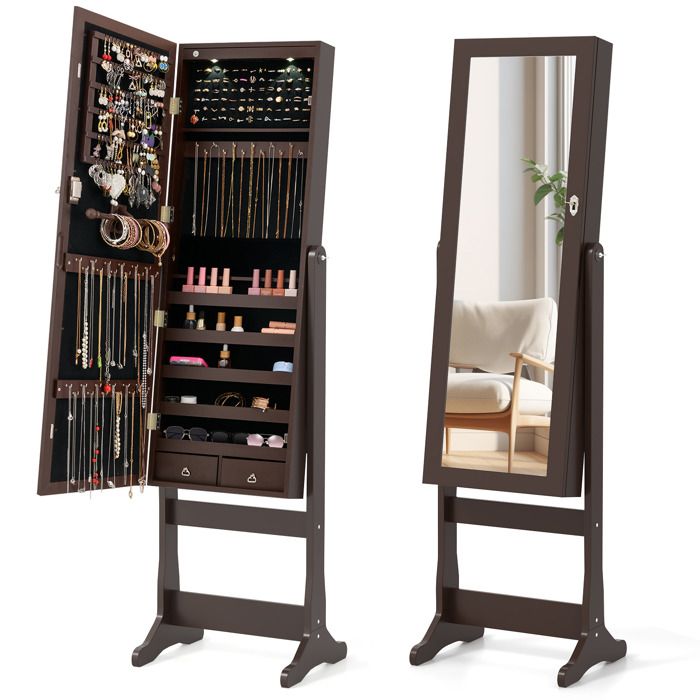 COSTWAY Armoire à Bijoux sur Pieds Lumières LED 4 Angles Inclinables Design Verrouillable Crochets Étagères et Tiroirs Marron
