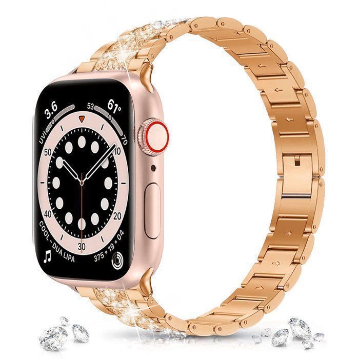 Stravo Bracelet montre bijou métal Apple Watch 44/45/46/49mm Series 4-12 SE 1-3 Ultra 2-4 – Strass – Or rose
