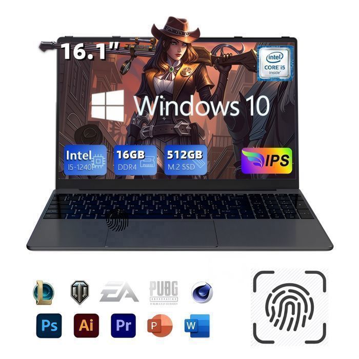 PC Portable 16.1Intel Core i5-1240P Laptop Stockage 16Go DDR4 RAM 512Go SSD Ordinateur Portable Win10 Avec 5G WIFI Noir