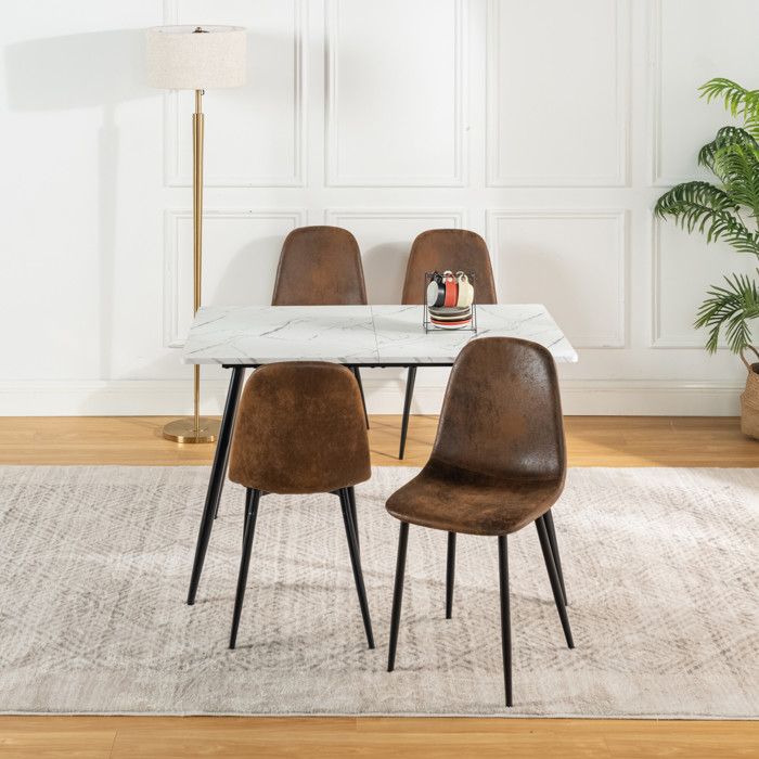 Table blanche effet marbre fixe avec 4 chaises marron simili suède pieds noirs – Ensemble repas vintage URBAN MEUBLE salle à manger Table blanche effet marbre fixe avec 4 chaises marron simili suède pieds noirs – Ensemble repas vintage URBAN MEUBLE salle à manger