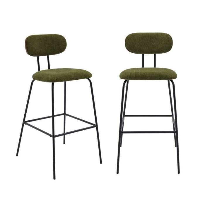 2 tabourets de bar décor bois courbé teinté noyer et tissu déperlant kaki. pieds métal noir mat (lot de 2) - L 44 x P 51 x H 103cm