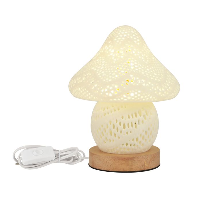 Lampe de Chevet Champignon Perforé Blanc - TOKIUS - Base Bois Style Bohème - Eclairage Doux pour Chambre Salon