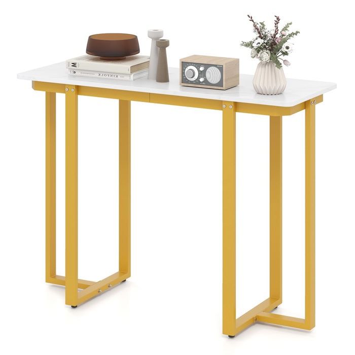 Table Console Entrée Aspect Marbre Blanc Doré – Cadre Géométrique Métal – 110×30×80 Cm Moderne