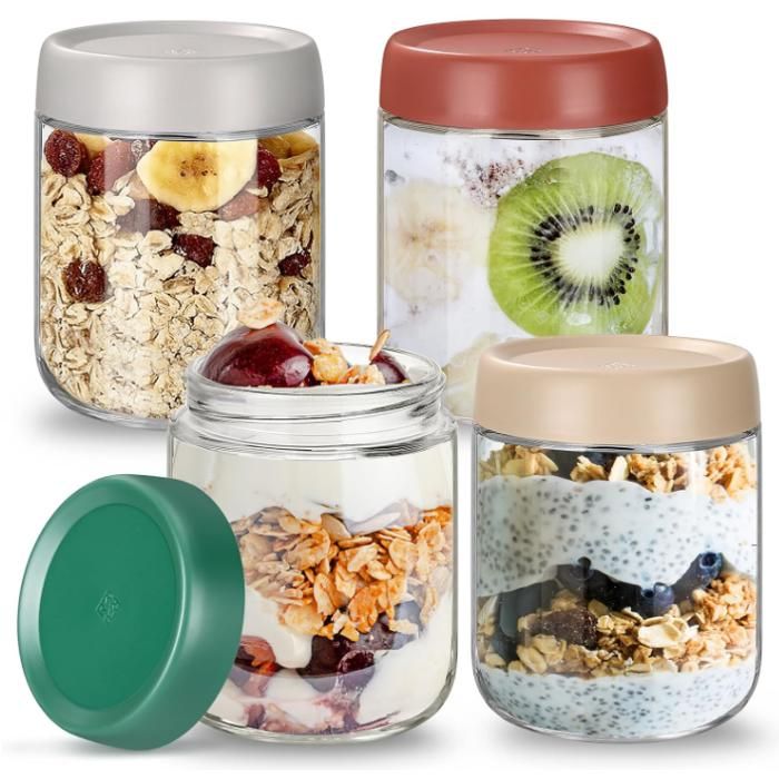 Lot de 4 Overnight Oats Jar 450mlPot Yaourt en Verre avec Couvercle Boîtes À Avoine de NuitBocaux en Verre Hermétique Meal Prep