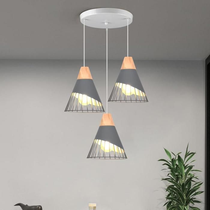 Lustre suspension - 3 lampes disque - Gris - Métal et bois - Ø25 x H30 cm