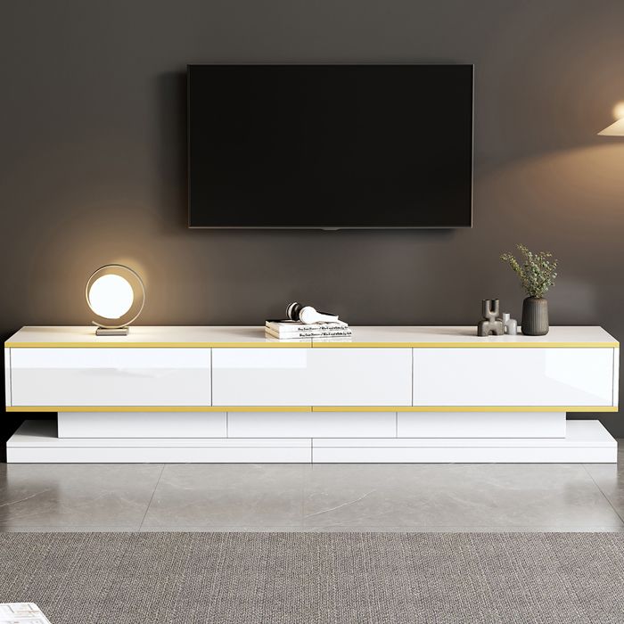 Meuble TV blanc brillant avec 3 tiroirs et bordure dorée Blanc 200x40x40 cm Meuble TV blanc brillant avec 3 tiroirs et bordure dorée Blanc 200x40x40 cm