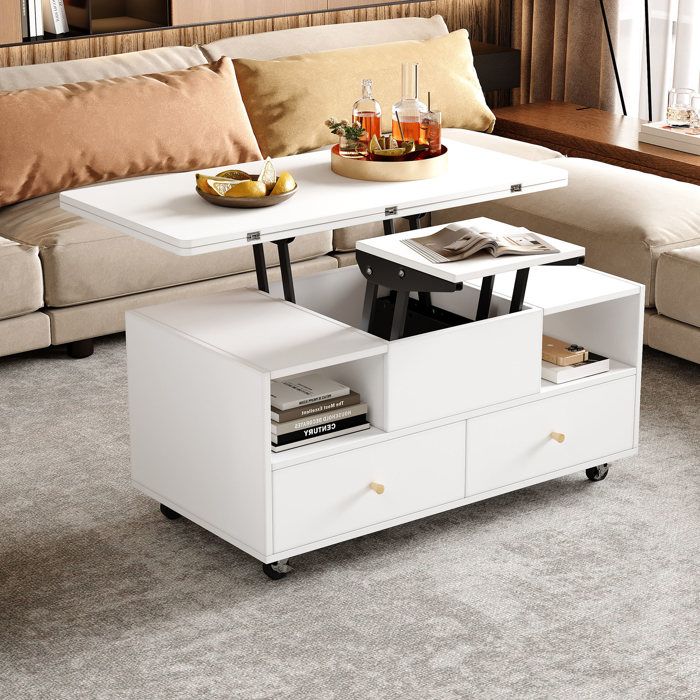 Table basse réglable pliante - 100x50x475 cm - Blanc - Système de levage hydraulique - 4 tiroirs