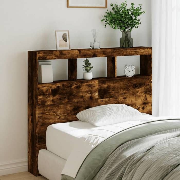 Armoire tête de lit avec LED - vidaXL - Chêne fumé - 120x17x102 cm - Lumières LED RVB - Grand espace de rangement