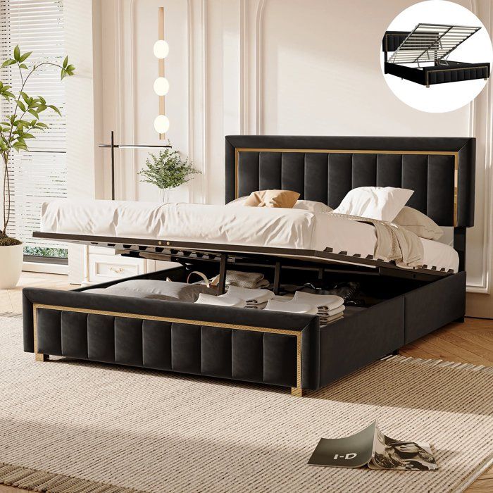Lit Coffre 160 x 200 CM avec SommierLit DoubleLit Hydraulique 160 x 200 avec Rangement sous le litbordure dorée orVeloursNoir