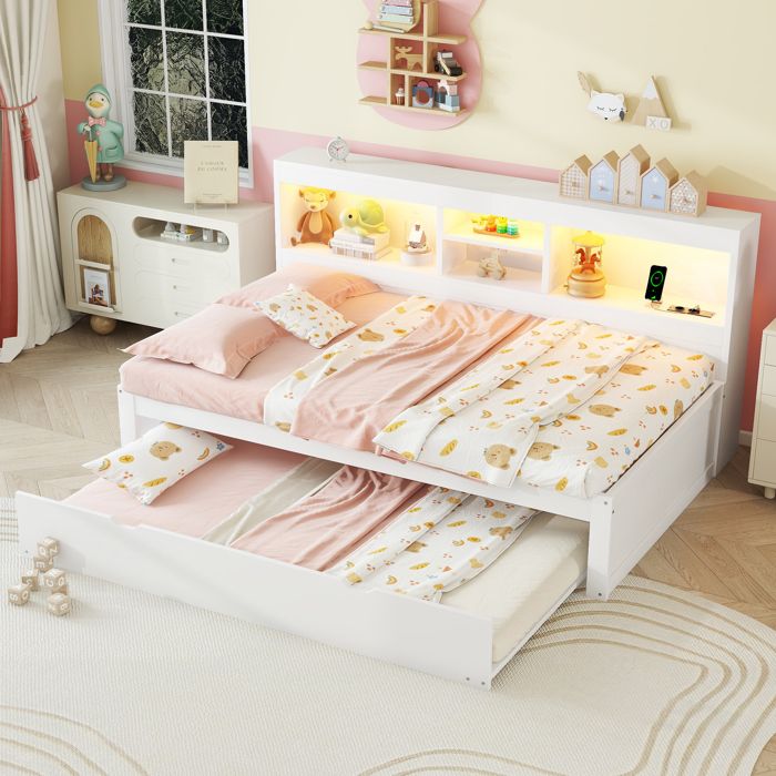 Lit gigogne Maisentiel 90x200 cm avec éclairage LED et prises USB blanc lumineux