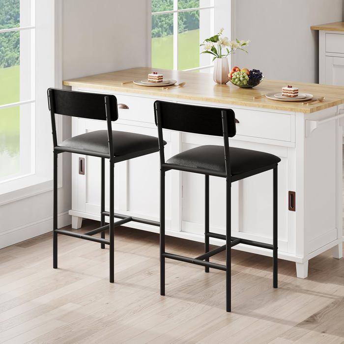 Lot de 2 Tabourets de Bar - Chaise de Cuisine - 64 cm - Noir