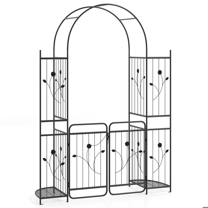 Arche de Jardin avec Treillis 163 x 50 x 220 cm COSTWAY-Support Grimpant-2 Etagères pour Jardinières-Portail avec Goupille-Mariage