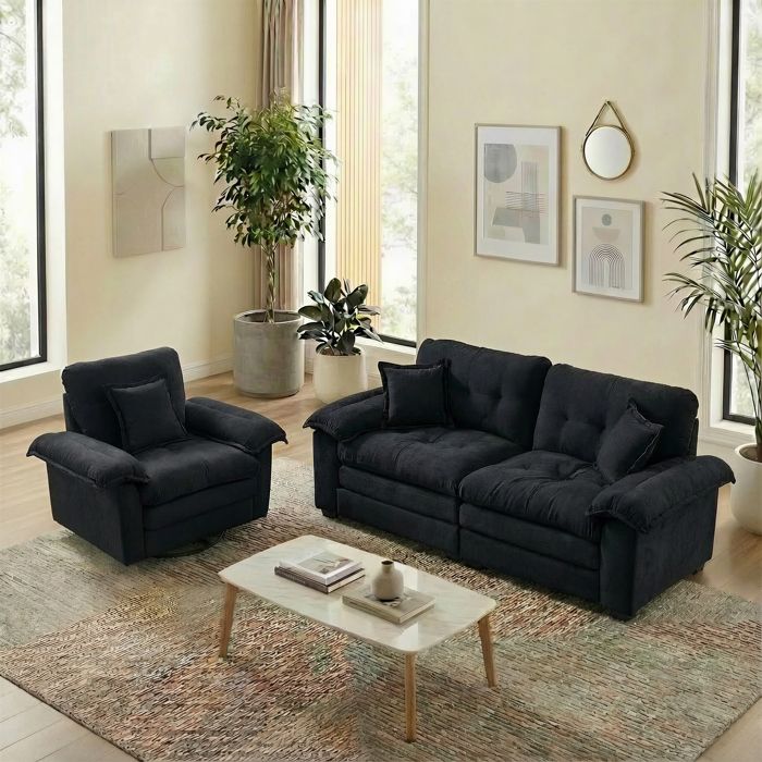 Canapé 2 places et fauteuil en chenille Noir Avec accoudoirs3 oreillersCanapé Salon Moderne Économise d’Espace