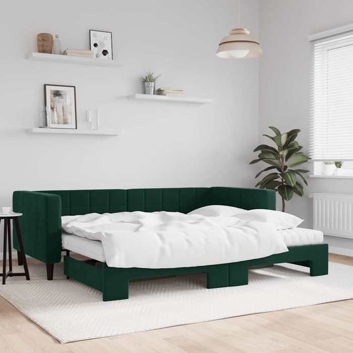 Lit de jour avec gigogne - vidaXL - Velours - Vert foncé - 90x200 cm - Matelas en mousse - 223x100x68 cm non déployé