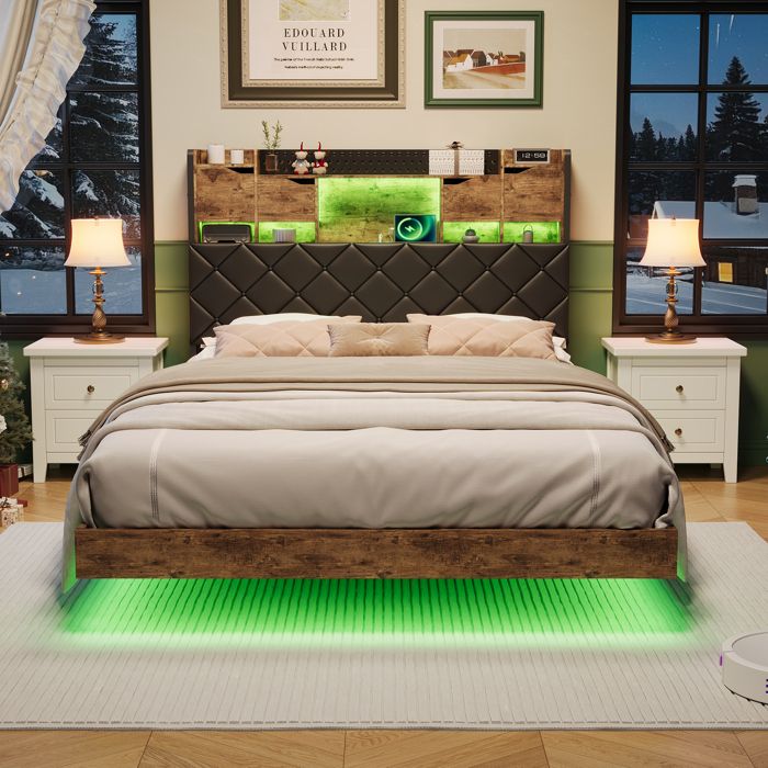 Lit Flottant 160×200 Lit Double avec Sommier Cadre de Lit avec LED et USB Lit Rangement pour Adulte Style Industriel PU Noir