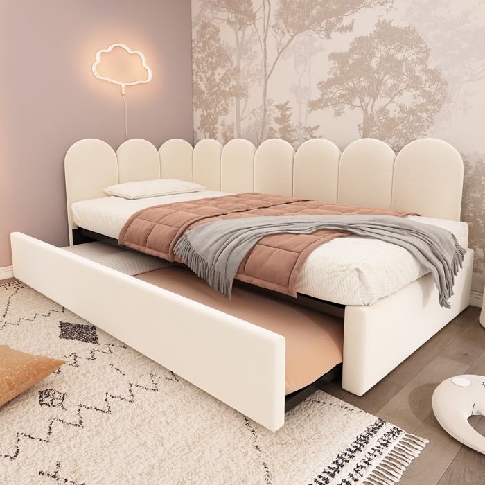 Lit gigogne 90x200/90x190 cm canapé-lit convertible en L lit double pour enfants avec sommier à lattes tissu velours doux beige