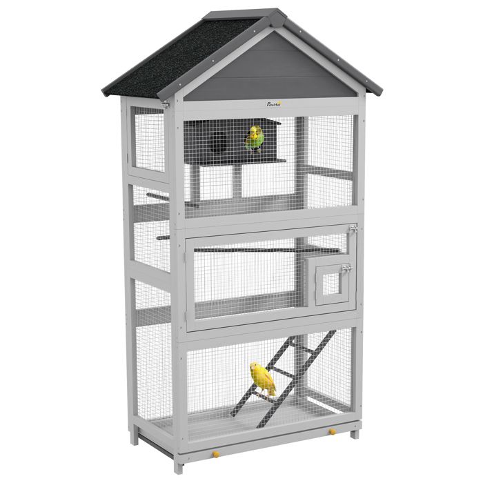 Cage à oiseaux en bois cage perroquet aire de jeux toit asphalte imperméable 92 x 52 x 171 cm gris