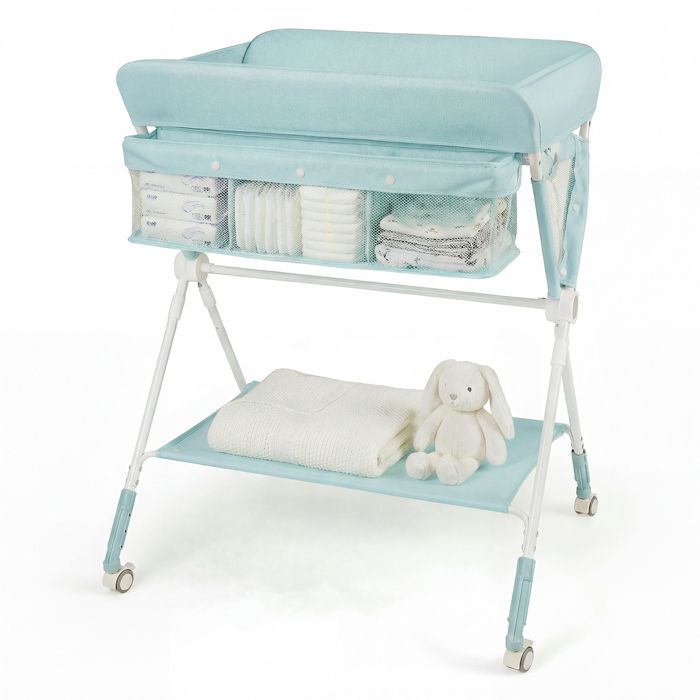 COSTWAY Table à Langer Pliante pour Bébé avec Roulettes Étagère et Panier 3 Hauteur Réglable pour Nouveau-nés 0-1 An Vert