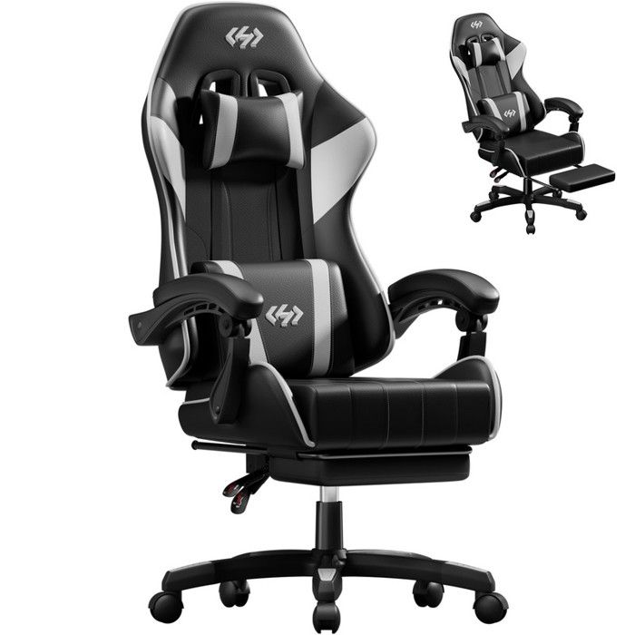 EcoFurnix Chaise Gaming Ergonomiqueavec Appui-Tête et Repose-Pieds RétractableSupport Lombaire Réglable en Hauteur Noir et Blanc