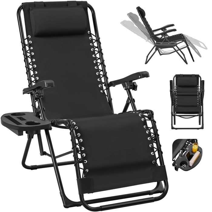 Yaheetech Fauteuil de Jardin Zéro Gravité Extérieur Chaise Longue Pliable avec Porte-gobelet Oreiller 64 cm Large Noir