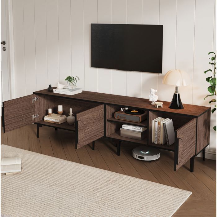 Meuble TV noyer foncé L 180 x P 35 x H 49 cm 3 portes + 2 niches ouvertes 7 pieds PVC