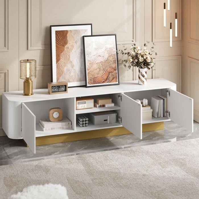 Meuble TV 170cm Blanc - Banc TV Moderne Design Arrondi avec Portes Rainurées Étagère et Gestion des Câbles pour Salon Chic