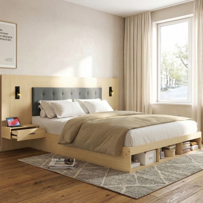 Lit adulte 180x200 cm avec rangement. prises USB/Type-C et liseuses pivotantes 360°. MDF chêne clair