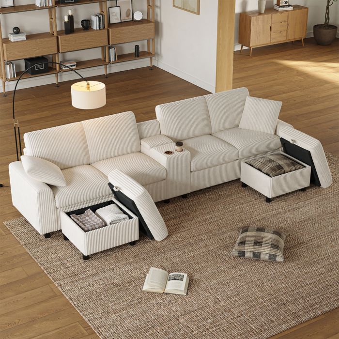 LUSCRIATE Canapé dangle en velours côtelé avec rangement /une table basse /2 porte-gobelets /1 port USB/2 prises de cour