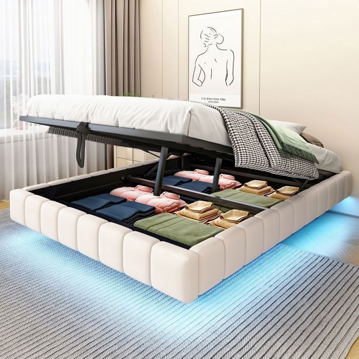 Lit Coffre - SOGEU - Design Flottant LED - 140x200 cm - Rembourré lin beige - Rangement hydraulique