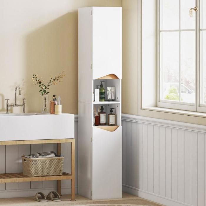 Meuble de salle de bain étroit et haut à 2 portes et 2 compartiments ouverts 30 x 346 x 182 cm blanc