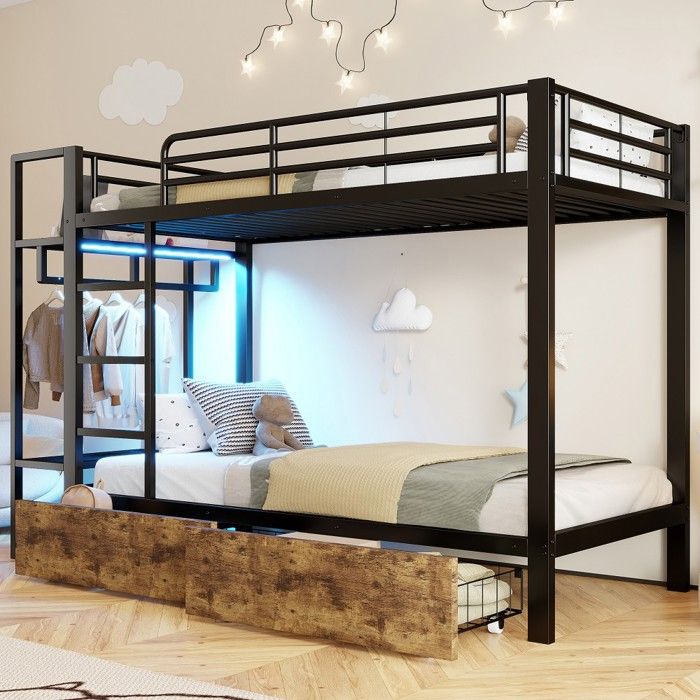 Lit superposé 90x200 cm structure métallique noir 2 tiroirs étagères penderie et éclairage LED intégrés Sans Matelas