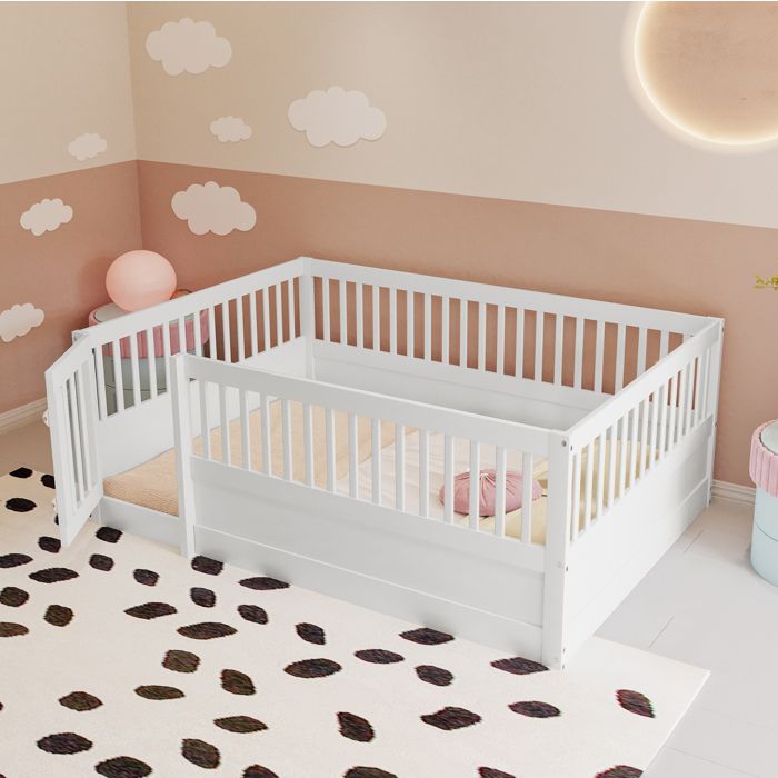 Lit enfant au sol blanc 140 × 200 cm avec barrières et porte