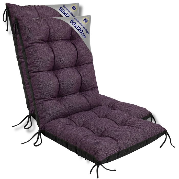 Coussin Chaise Jardin Dossier Haut Set: 2x 50x120 cm - Matelas Siege Extérieur Mobilier Confort Imperméable Bordeaux lin écologique