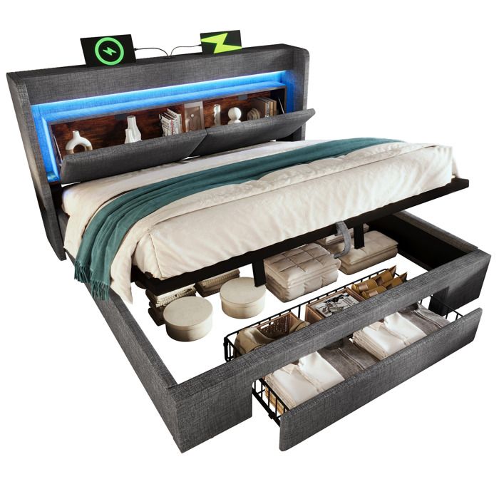 Lit tapissé 180x200 cm gris avec cadre bois rangement hydraulique éclairage LED prise USB et USB-C sans matelas