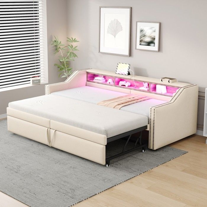 Lit canapé - Zephmum - 90/180x200 extensible rangement LED USB lattes beige