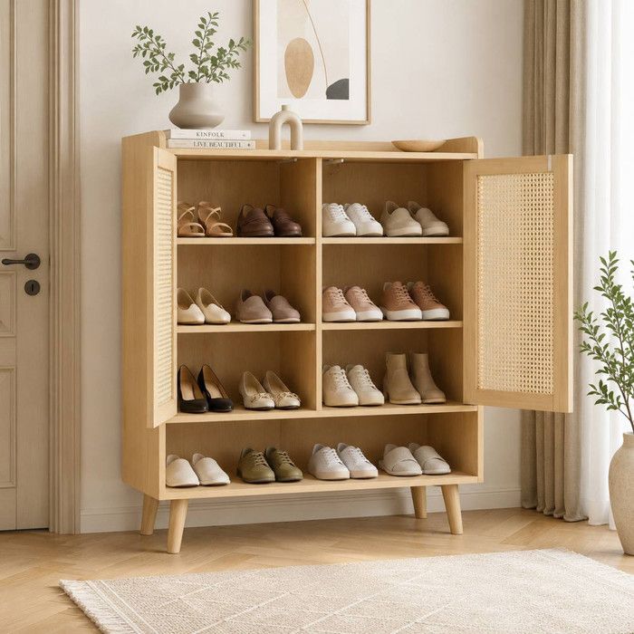 Meuble à Chaussures Rotin 2 Portes 5 Étagères Entrée Bois Massif Push-to-Open Chêne 80x35x105cm Grand Rangement Stable