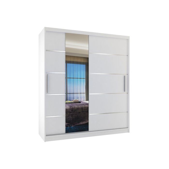 BELINI Grande Armoire 2 Portes Coulissantes VERONA MBP 133 cm - Blanc Mat - Miroir Intégré & 2 Tiroirs - Chambre Adulte