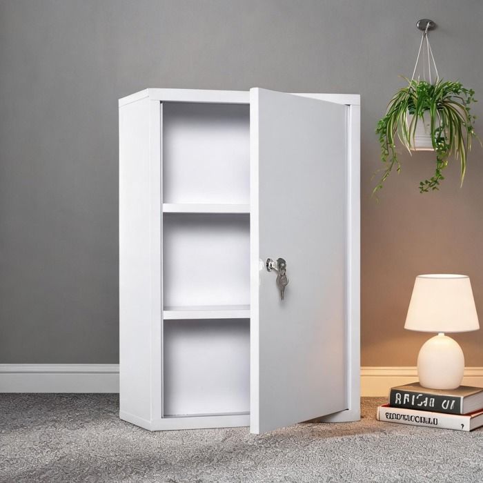 Armoire à pharmacie en acier blanc 40x18x60 cm 3 compartiments fermeture à clé idéale salle de bain
