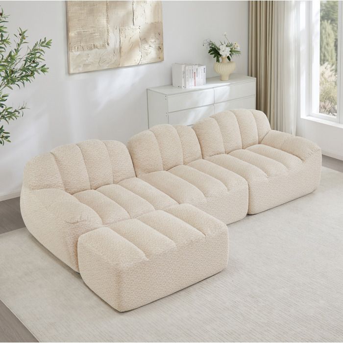 Canapé d’angle modulable 3 places avec ottoman mousse haute densité 32D beige 288 x 165 x 79 cm