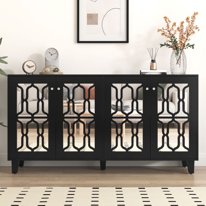 ROVRYN Buffet bas 160 x 40 x 84 cm noir effet miroir 4 portes 2 étagères amovibles MDF