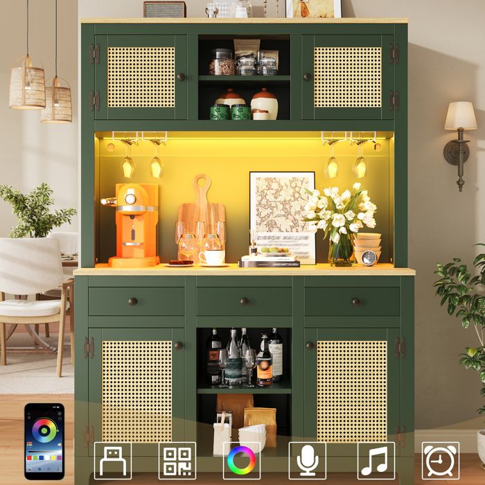 WOVREO Buffet haut de cuisine 120 x 40 x 180 cm MDF et métal rotin PE vert antique 3 tiroirs