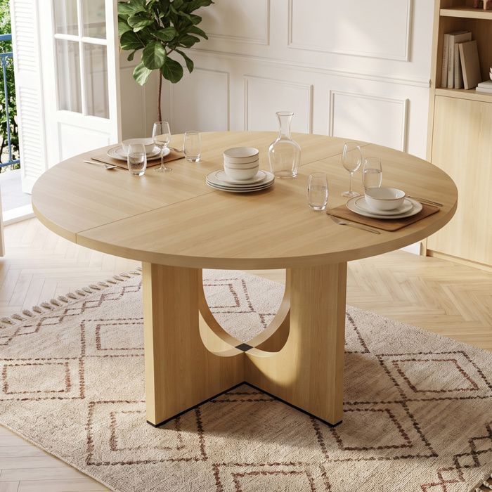 Table à manger ronde 120 cm en MDF finition chêne 4 à 6 personnes style scandinave