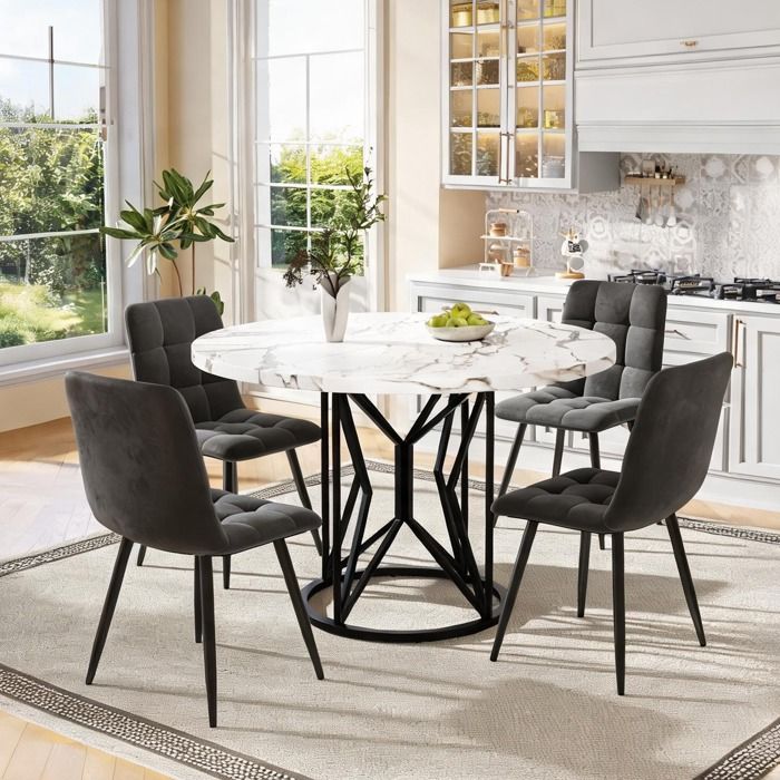 Ensemble repas 5 pièces table ronde MDF blanc et chaises velours gris design contemporain