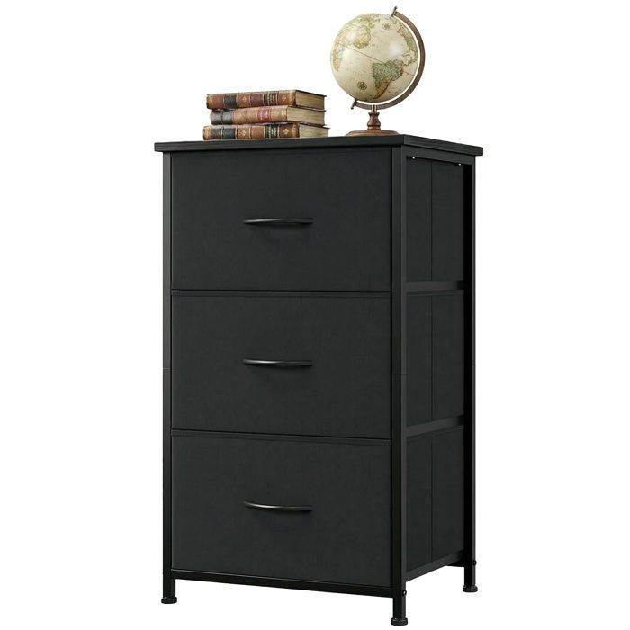 Commode slim 3 tiroirs à tissu amovible structure solide compacte montage facile meuble polyvalent pour chambre et salon noir