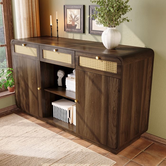 Buffet Bahut Salon Salle à Manger 2 Portes 3 Tiroirs Étagères Réglables Grand Rangement 120x40x85 cm LEMLIT - Noyer