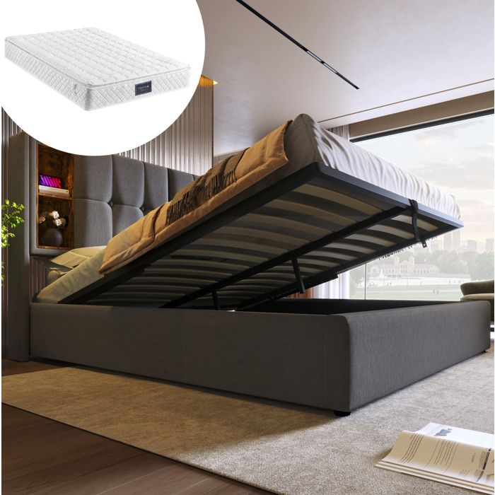 Lit coffre 160x200 cm gris avec recharge sans fil USB-C rangement et matelas inclus
